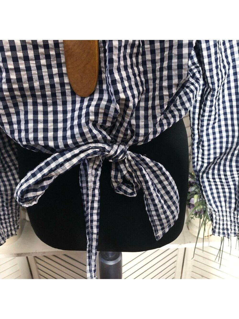 Gingham blouse off-shoulder tie waist coastal country cottage western festival M - Picture 9 of 9